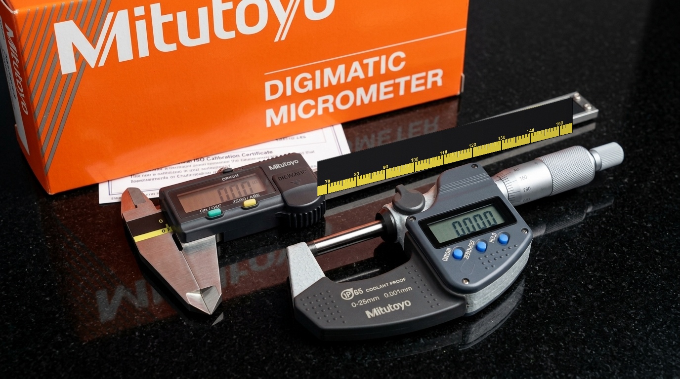 Mitutoyo precision metrology instruments in the Alcyde workshop: IP65 digital micrometer and digital caliper on granite surface plate
