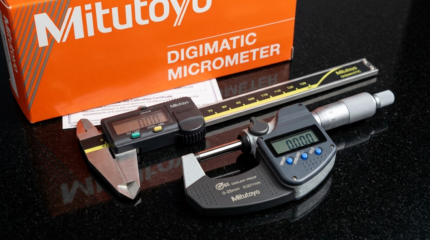 Mitutoyo precision metrology instruments in the Alcyde workshop: IP65 digital micrometer and digital caliper on granite surface plate